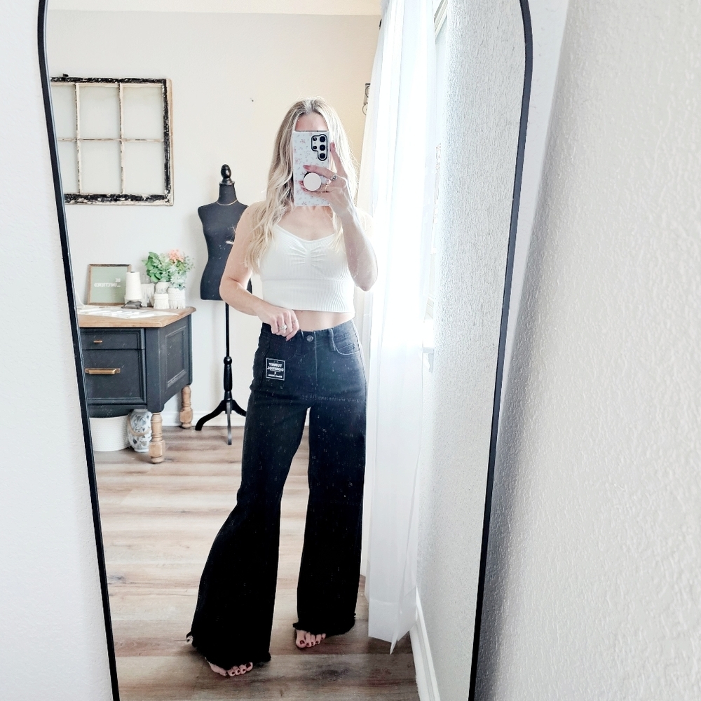 RISEN HR Tummy Control Black Palazzo Jeans Wide Leg Distressed Hems Various NEW - Picture 4 of 12